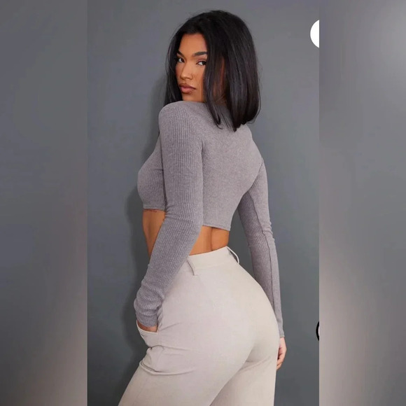 PRETTY LITTLE THING Khaki Marl Rib Round Neck Long Sleeve Crop Top Size 12 - Picture 3 of 11